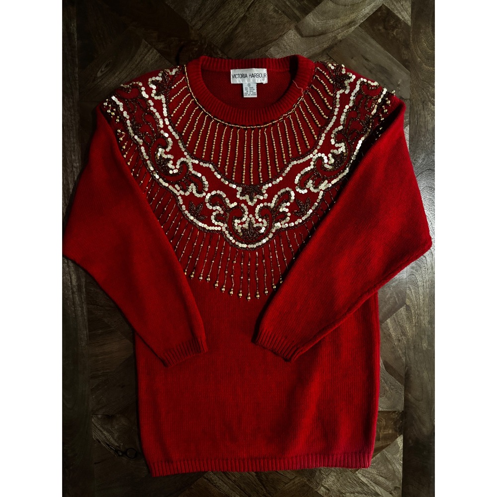 Vtg Victoria Harbour Beaded Knit Sweater Red Christmas Mob Wife S